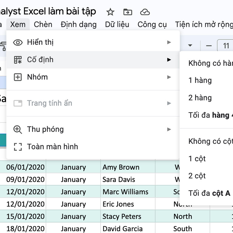 Cố định hàng hoặc cột Google Sheet