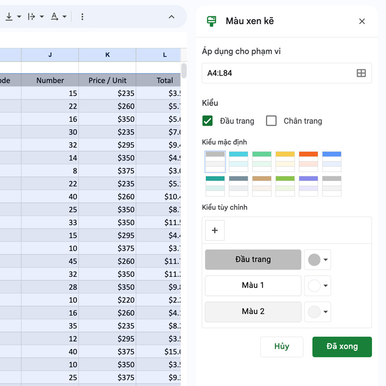 Định dạng màu xen kẽ cho bảng dữ liệu trong Google Sheet
