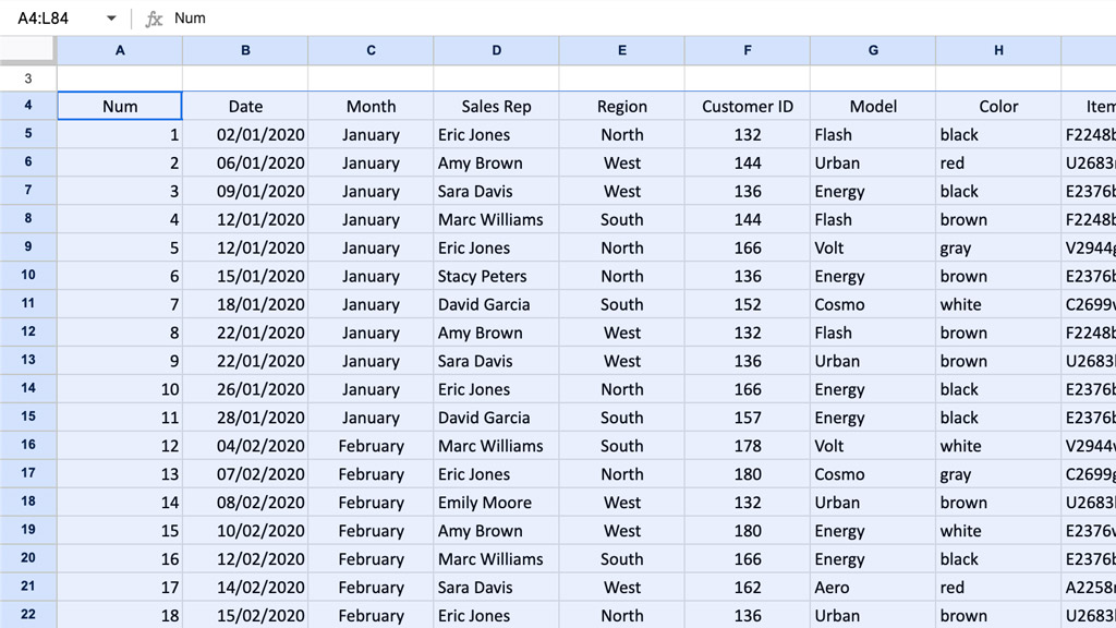 Mẫu dữ liệu bài tập ban đầu (Google Sheet)