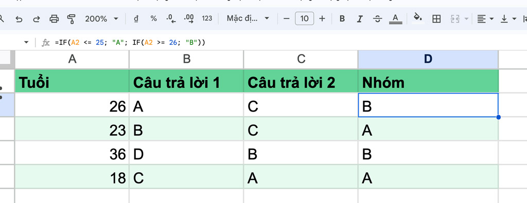 Ví dụ hàm IF lồng nhau